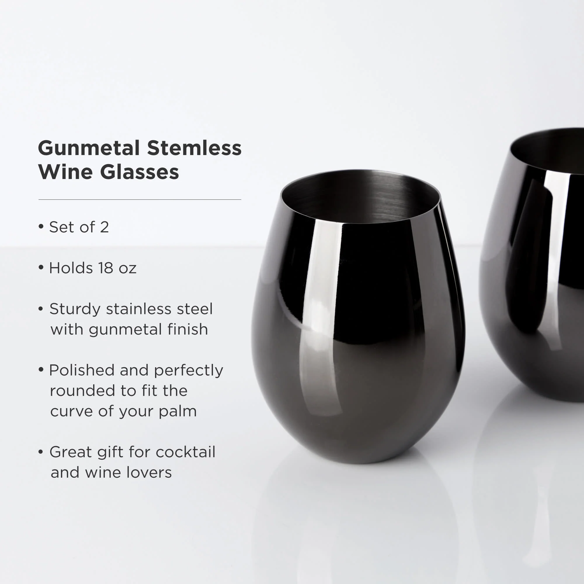 Stainless Steel Stemless Wine Glasses in Gunmetal Set of 2 - Image 5